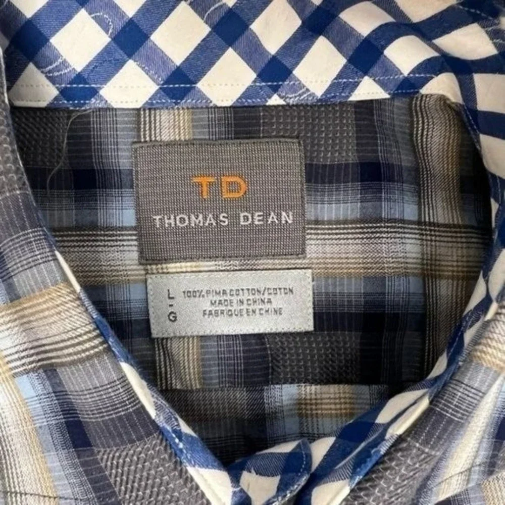 Thomas Dean Mens L Pima Cotton Plaid Button Down Shirt Grey Blue Gingham Trim